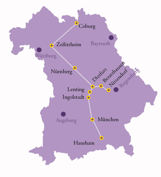 Karte der Radtour zu den Wirkungsstätten Argula von Grumbachs